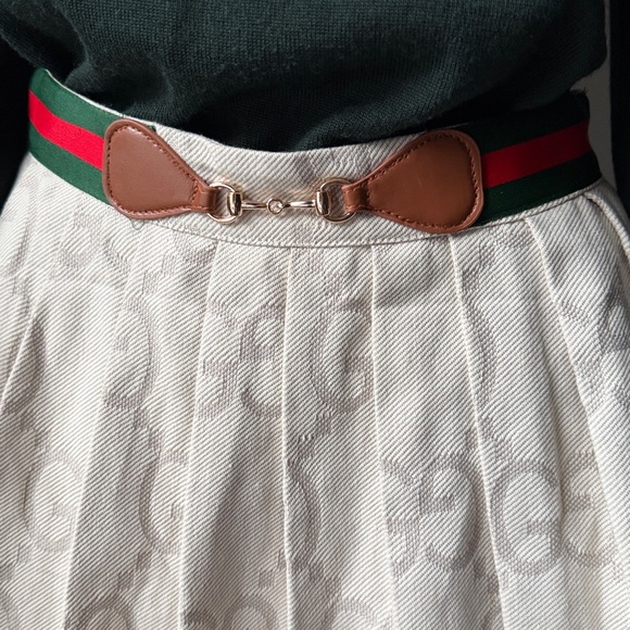 GG  pleated mini Skirt /skort NEW! 28”waist off white red/green belt - Picture 7 of 16